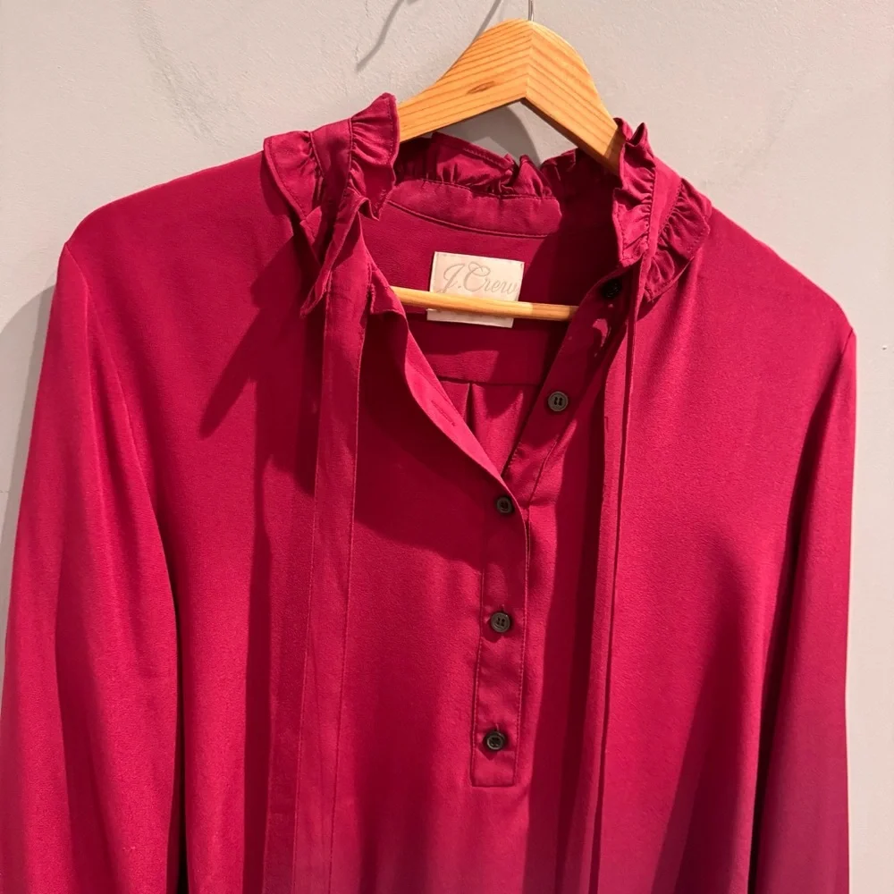 NEW J. Crew Classic-Fit Ruffle Neck Silk Popover Shirt in Pink, Size 4